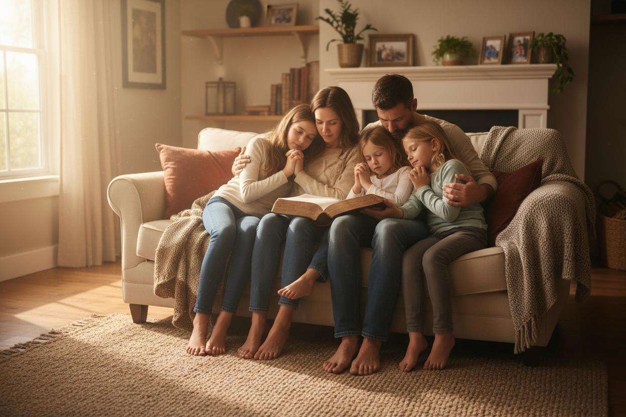 a family reading Bible prayerfully