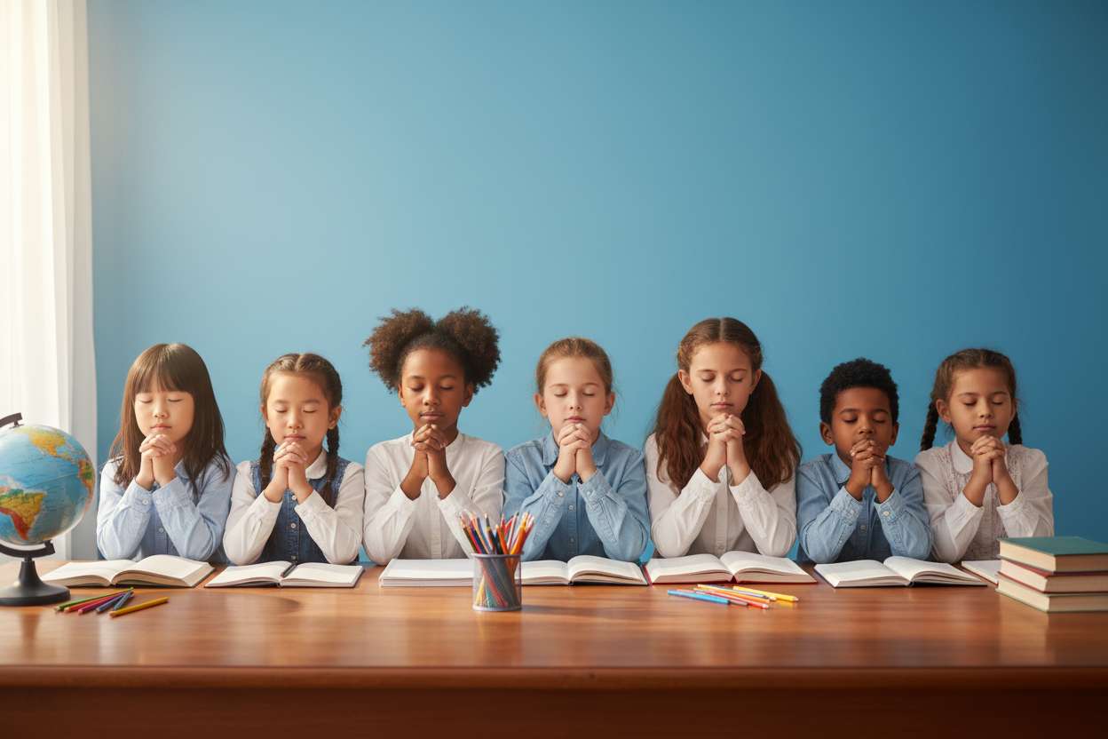 children praying before studies in blue background